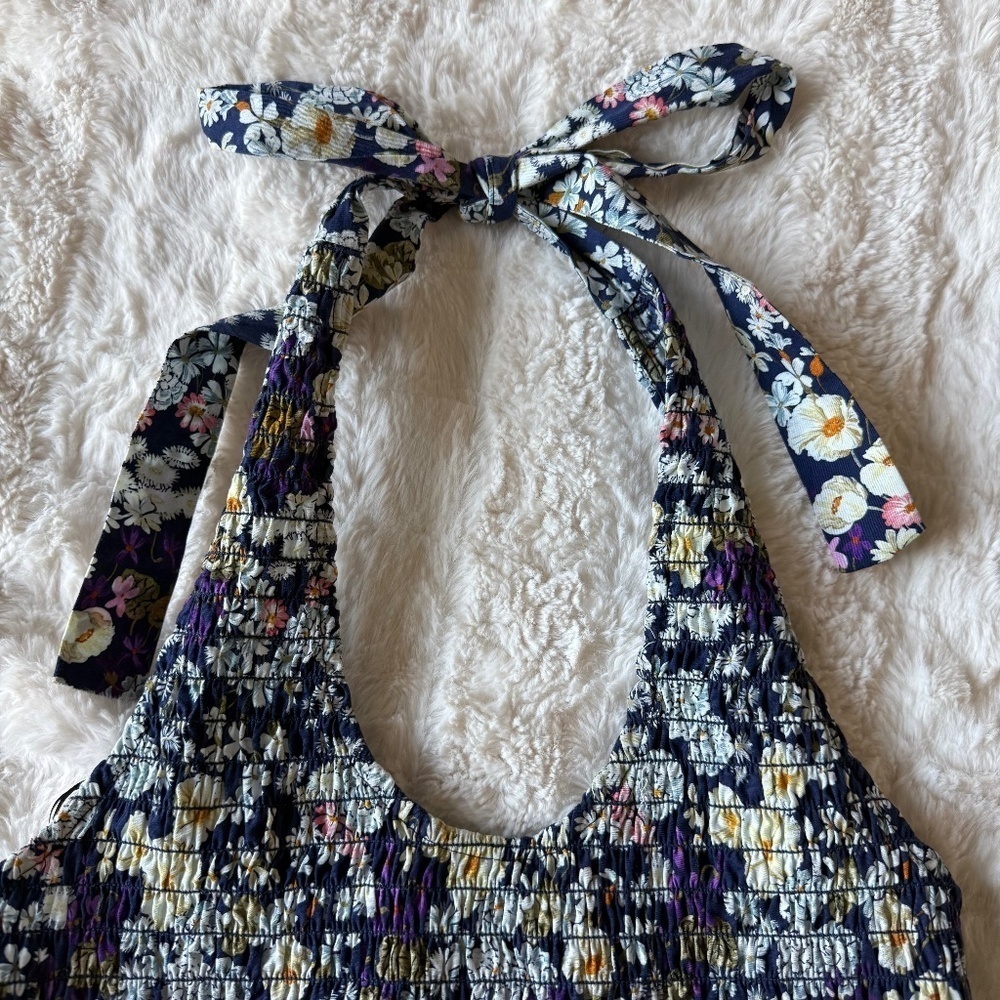LES RÊVERIES Midi Dress Halter-Neck Floral Print Shirred Bodice 100% Cotton Sz 2 - Picture 6 of 14